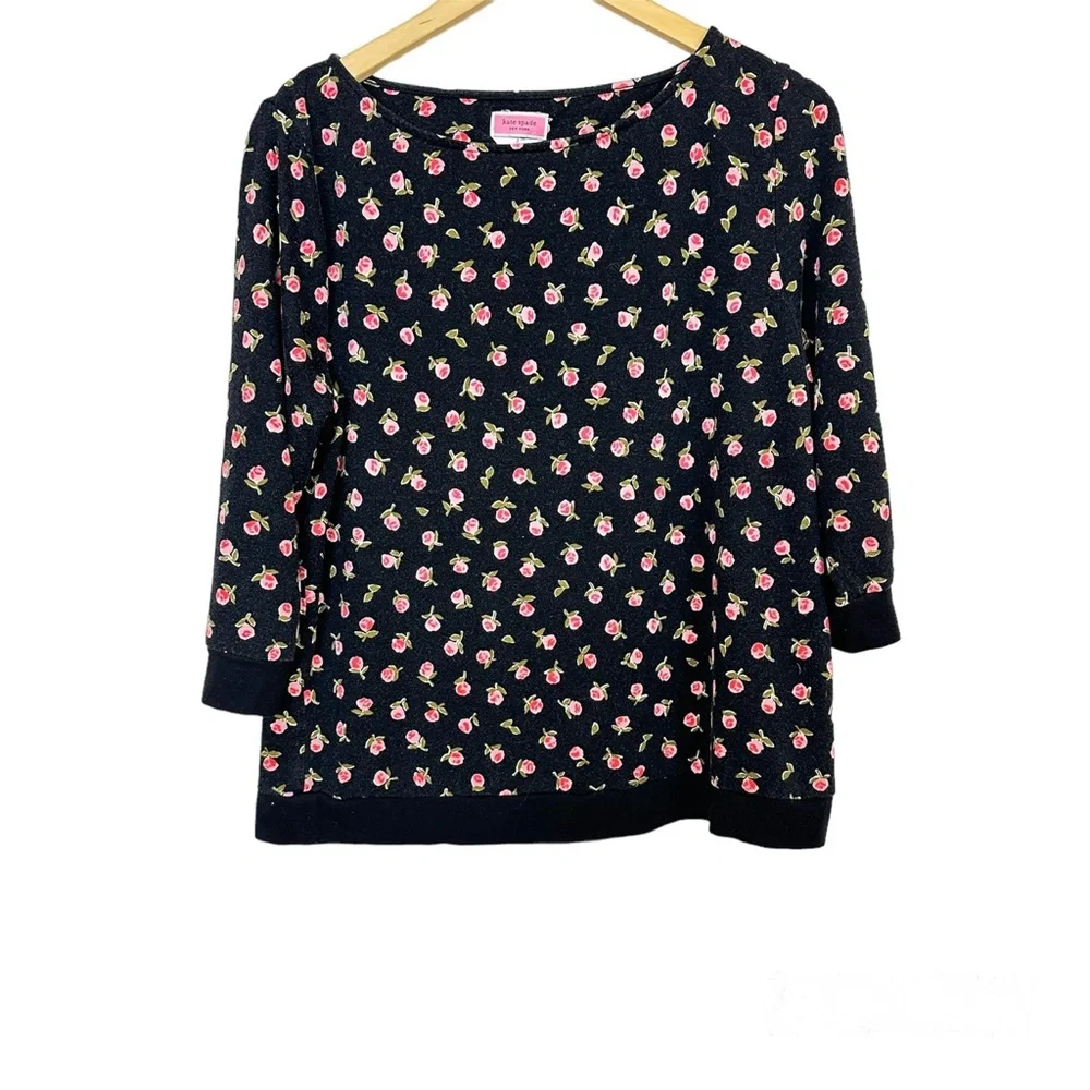 Kate Spade Ditsy Rose Print 3/4 Sleeves‎ Top Black Women’s Large